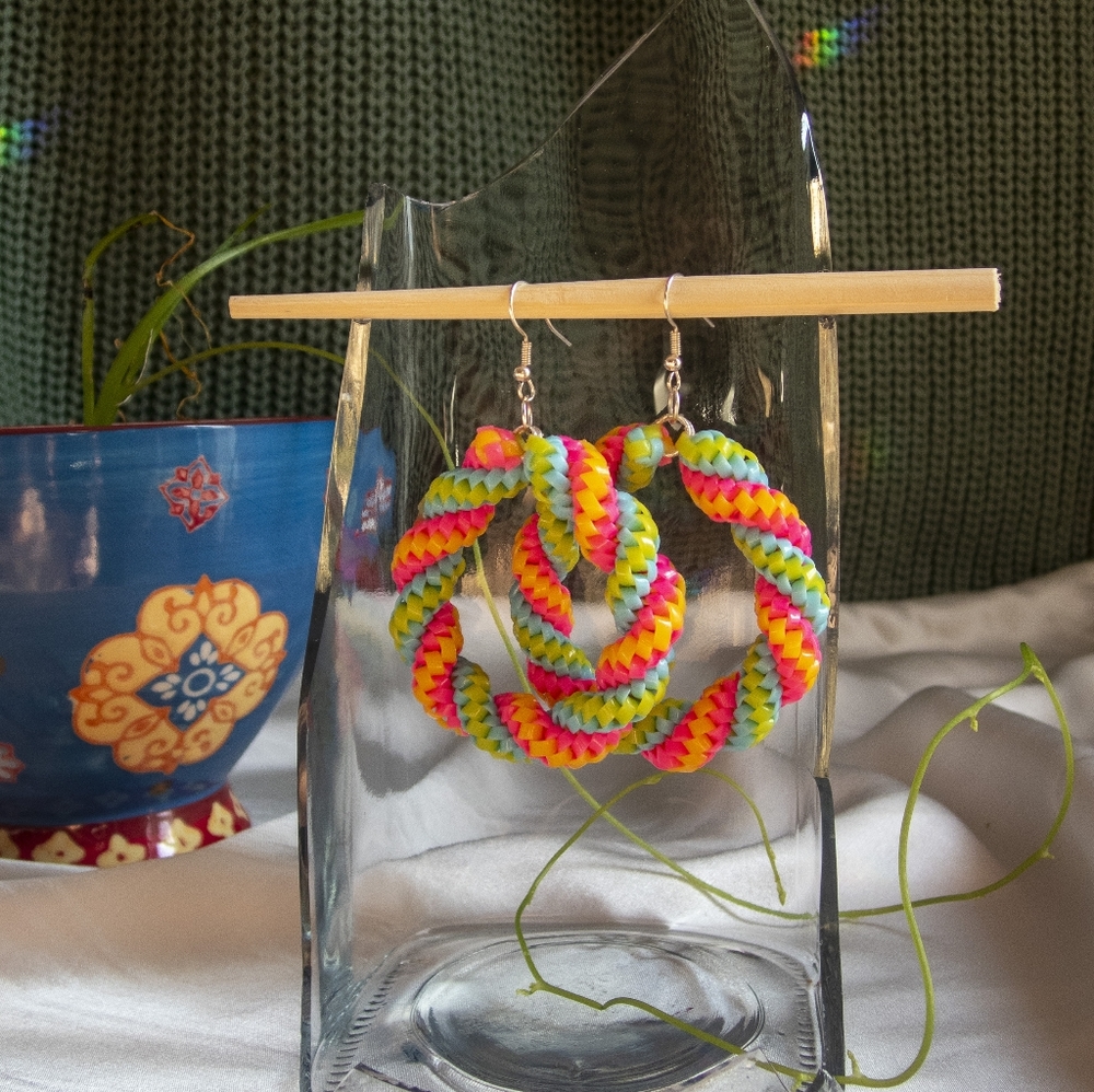 Yellow Pink Blue Spiral Hoops - Handmade Lanyard / Scoobidou Earrings
